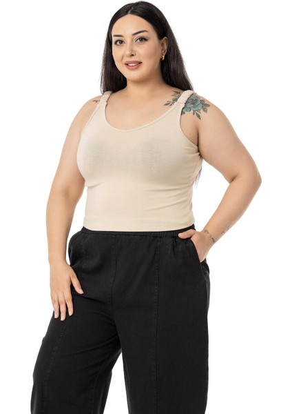 Büyük Beden Askıları Büzgülü Drapeli Crop Bej Rengi Body fırsatları