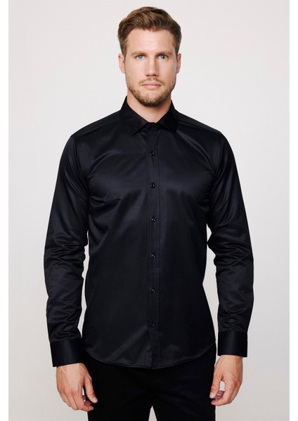 Modern Slim Fit Düz Saten Pamuklu Erkek Lacivert Gömlek fiyatları