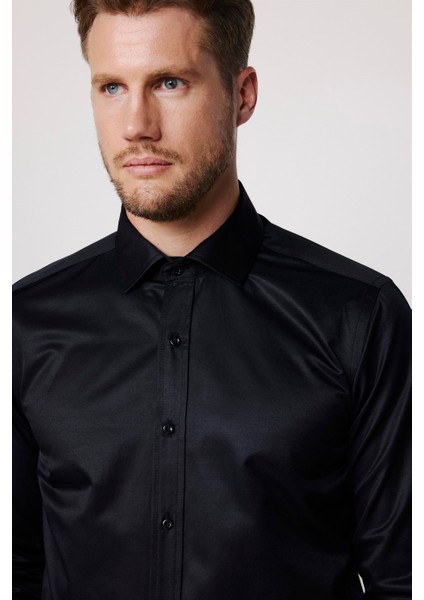 Modern Slim Fit Düz Saten Pamuklu Erkek Lacivert Gömlek modelleri