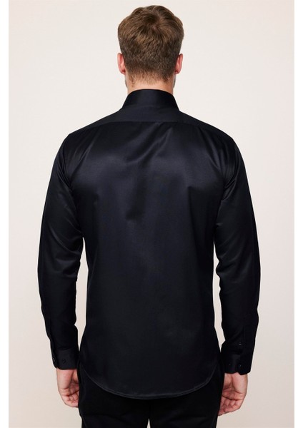 Modern Slim Fit Düz Saten Pamuklu Erkek Lacivert Gömlek indirimleri