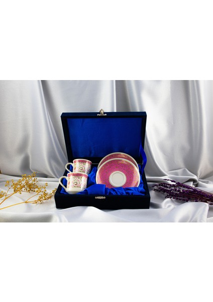 2'li Altın Yaldızlı Porselen Fincan Takımı Kadife Kutulu