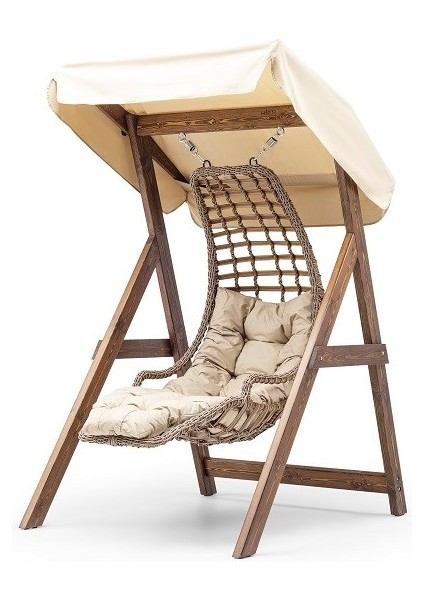 Göreme Swing Ahşap Rattan Salıncak Dış Mekan Bahçe Balkon ve Teras Salıncağı Krem