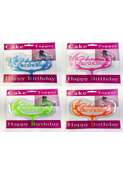 Happy Birthday Dallı Cake Topper 4 Adet (Clz)