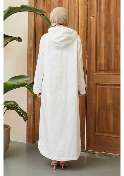 6329-Kapşonlu Denim Kap Beyaz fırsatları