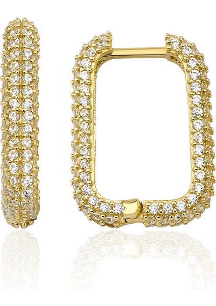 Kuyumculuk 14 Ayar Altın Tamamı Taşlı Dikdörtgen Küpe