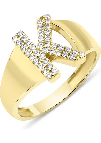 14 Ayar Altın Taşlı K Harfli Yüzük