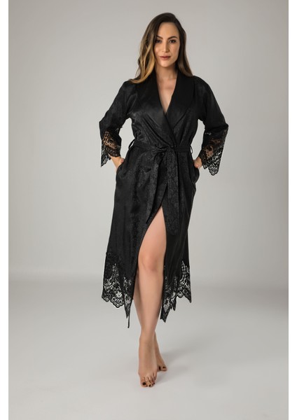 Dantelli Jakarlı Saten Bambu Cotton Bayan Sabahlık