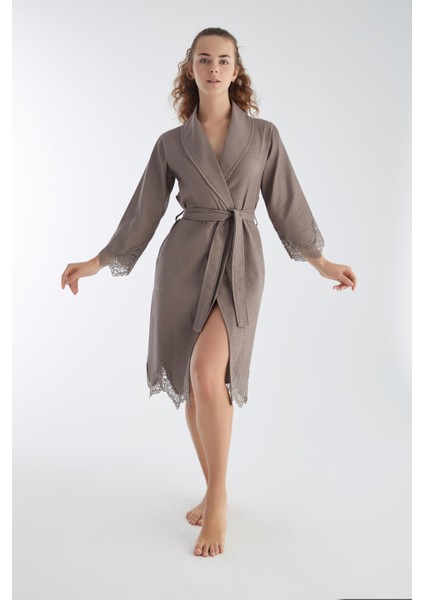 Kısa Dantelli Pike Bambu Cotton Bayan Sabahlık