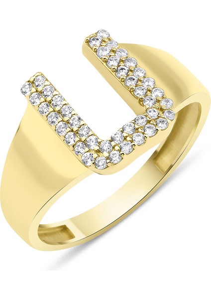 14 Ayar Altın Taşlı U Harfli Yüzük