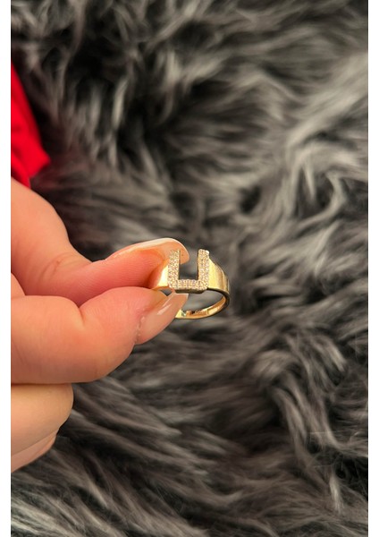 14 Ayar Altın Taşlı U Harfli Yüzük modelleri