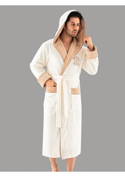 Krem Kapüşonlu Sports Nakışlı Bambupamuklu Erkek Bornozu