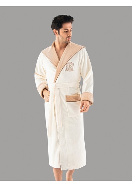 Krem Kapüşonlu Sports Nakışlı Bambupamuklu Erkek Bornozu modelleri