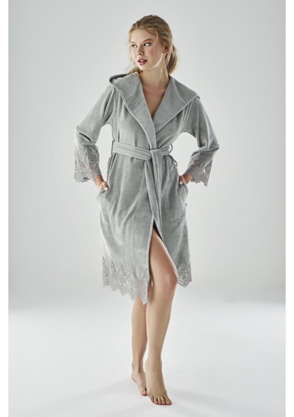 Dantelli Kısa Kapüşonlu Niki Kadife Bambu Cotton Bayan Sabahlık indirimleri