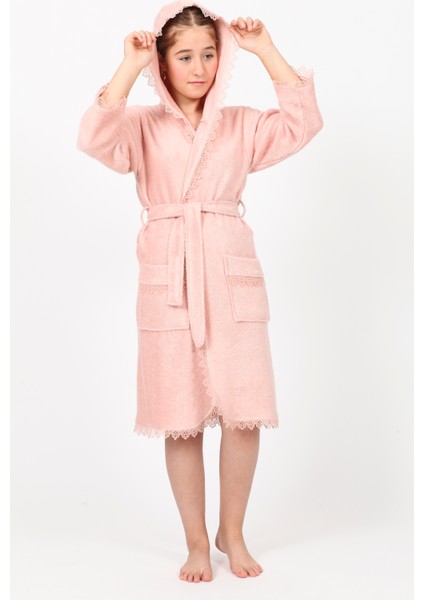 Pudra Brodeli Bukle Pamuklu Genç Bornozu