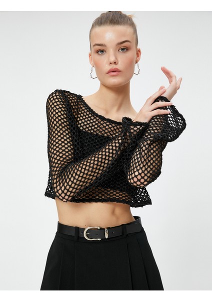 Uzun Kollu Tişört Crop Sim Detaylı Ajurlu İspanyol Kollu Rahat Kesim