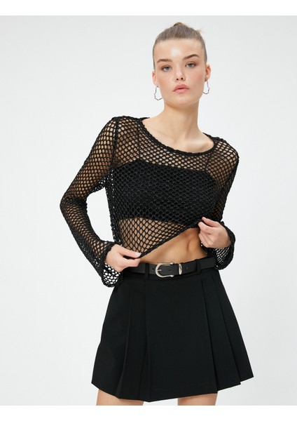 Uzun Kollu Tişört Crop Sim Detaylı Ajurlu İspanyol Kollu Rahat Kesim modelleri