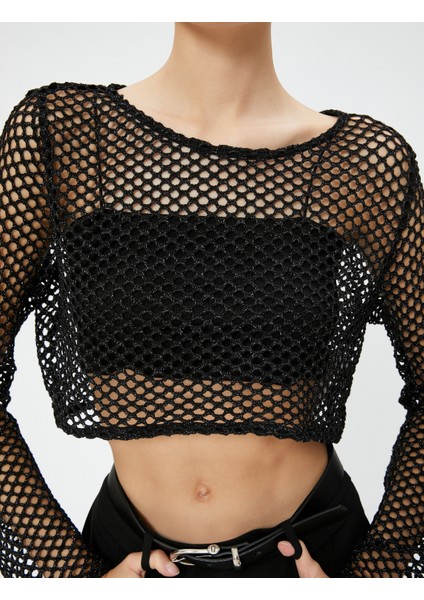 Uzun Kollu Tişört Crop Sim Detaylı Ajurlu İspanyol Kollu Rahat Kesim indirimleri