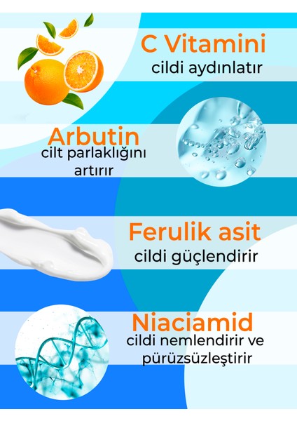 C Vitamini Serum Arbutin Niacinamid Aydınlatıcı Renk Tonu Eşitleyici Leke, Akne Karşıtı 30 ml