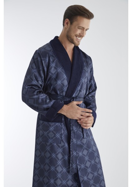 Kareli Saten Içi Bukle Erkek Cotton Dabulface Bornoz