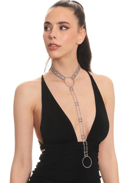 Kadın Antik Gümüş Kaplama Burgulu Yuvarlak Parçalı Tasarım Choker&kolye