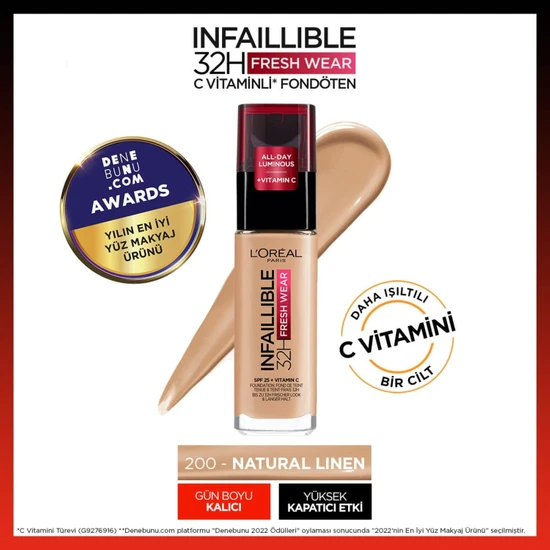 L'Oréal Paris Infaillible 32H Fresh Wear C Vitaminli Fondöten - 200 Natural Linen