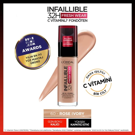 hepsiburada L'Oréal Paris Infaillible 32H Fresh Wear C Vitaminli Fondöten - 60 Rose Ivory hepsiburada L'Oréal Paris Infaillible 32H Fresh Wear C Vitaminli Fondöten - 60 Rose Ivory
