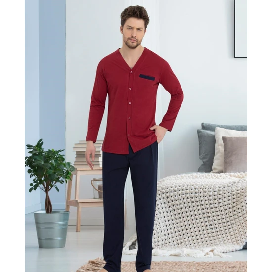 Bie's Erkek V Yaka Önden Düğmeli Gömlek Yaka Göğüs Cepli Penye Pamuklu Cepli Kısa Kol Pijama Takımı