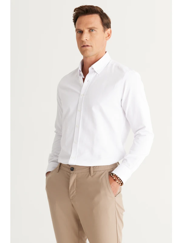 AC&Co / Altınyıldız Classics Erkek Beyaz Slim Fit Dar Kesim Oxford Düğmeli Yaka Armürlü Pamuklu Gömlek