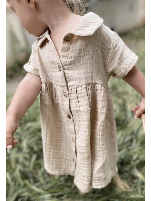Cigit Bebe Yakalı Robası Büzgülü Müslin Elbise 1-7 Yaş Krem
