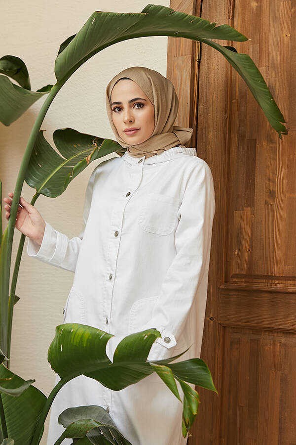 Neways 6329-Kapşonlu Denim Kap Beyaz görsel 2