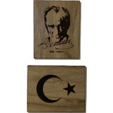 Ala Depo Ahşap Lazer Kazıma Atatürk ve Türk Bayrağı Set Duvar Tablosu