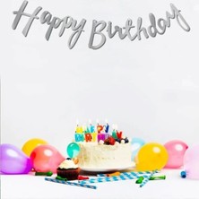 Booddie Happy Birthday Metalize Kaligrafi Yazı Doğum Günü Kutlama Banner  Süs Gümüş Renk