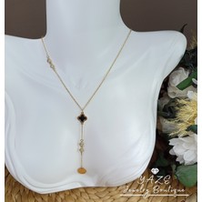 Yaze Jewelry Siyah Mineli Zirkon Taşlı Sarkan Zincirli Kolye