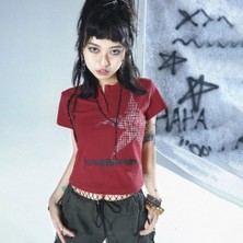Köstebek Red Harajuku Star Punch Kırmızı Y2K Kısa Kollu Crop