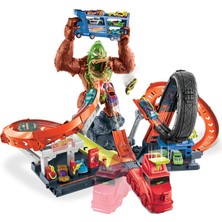 Hot Wheels Zehirli Goril Saldırısı Benzin İstasyonu ve Lastik Tamiri Dükkanı Oyunu Setleri, Fırlatıcılı, Işıklı ve Sesli, 1 Adet 1:64 Ölçekli Araba Dahil GTT94