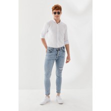 Denim Man Önü Yırtık Zincirsiz Boru Paça Skinny Fit Denim Uzun Pantolon  Buz Mavisi