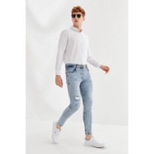 Denim Man Önü Yırtık Zincirsiz Boru Paça Skinny Fit Denim Uzun Pantolon  Buz Mavisi