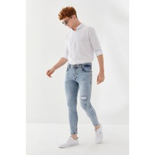 Denim Man Önü Yırtık Zincirsiz Boru Paça Skinny Fit Denim Uzun Pantolon  Buz Mavisi