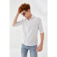 Hammerland Önü Cepsiz Düz Desen Keten Slim Fit Klasik Uzunkol Gömlek  Beyaz