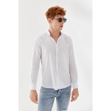 Hammerland Önü Cepsiz Düz Desen Keten Slim Fit Klasik Uzunkol Gömlek  Beyaz