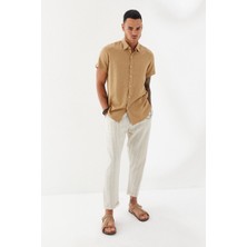 Pebeo Yaka Arkası Rozetli Dökümlü Düz Desen Keten Regular Fit Kısakol Gömlek  Altın Başak