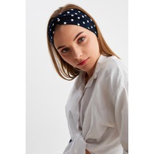 Butikgiz Lacivert Puantiye Kadın Çapraz Bağlamalı Pamuklu Penye, Kaymaz, Yumuşak, Esnek, Saç Bandı Bandana