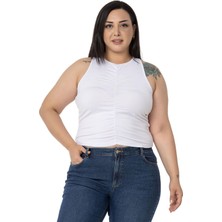 Disentis Modest Büyük Beden Önü ve Yanları Drapeli Halter Yaka Beyaz Body