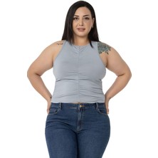 Disentis Modest Büyük Beden Önü ve Yanları Drapeli Halter Yaka Gri Body