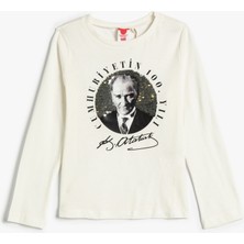 Koton Atatürk Baskılı Tişört Pul Payet İşlemli Uzun Kollu Bisiklet Yaka Pamuklu 100. Yıl Özel