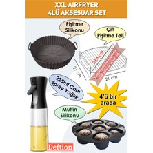 Deftion 4lü Xxl Airfryer Aksesuar Seti Pişirme Silikonları Izgara Teli Sprey Yağlık Yağdanlık Air Fryer Airfrey Airfray Aksesuarları Siyah
