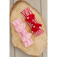 El Yapımı Yumuşak Fiyonk Bağlamalı Doğal Pamuklu Penye İKİLİ Bebek Çocuk Kız Bandana Pembe Kırmızı