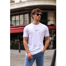 Aziso Nakışlı Slim Fit Erkek Tişört %100 Pamuk Bisiklet Yaka T-Shirt