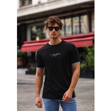 Aziso Nakışlı Slim Fit Erkek Tişört %100 Pamuk Bisiklet Yaka T-Shirt