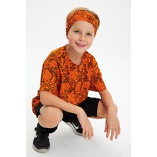 Babygiz Turuncu Erkek Çocuk Pamuklu Penye Oversize Gri T-Shirt Bandana 2'li Takım